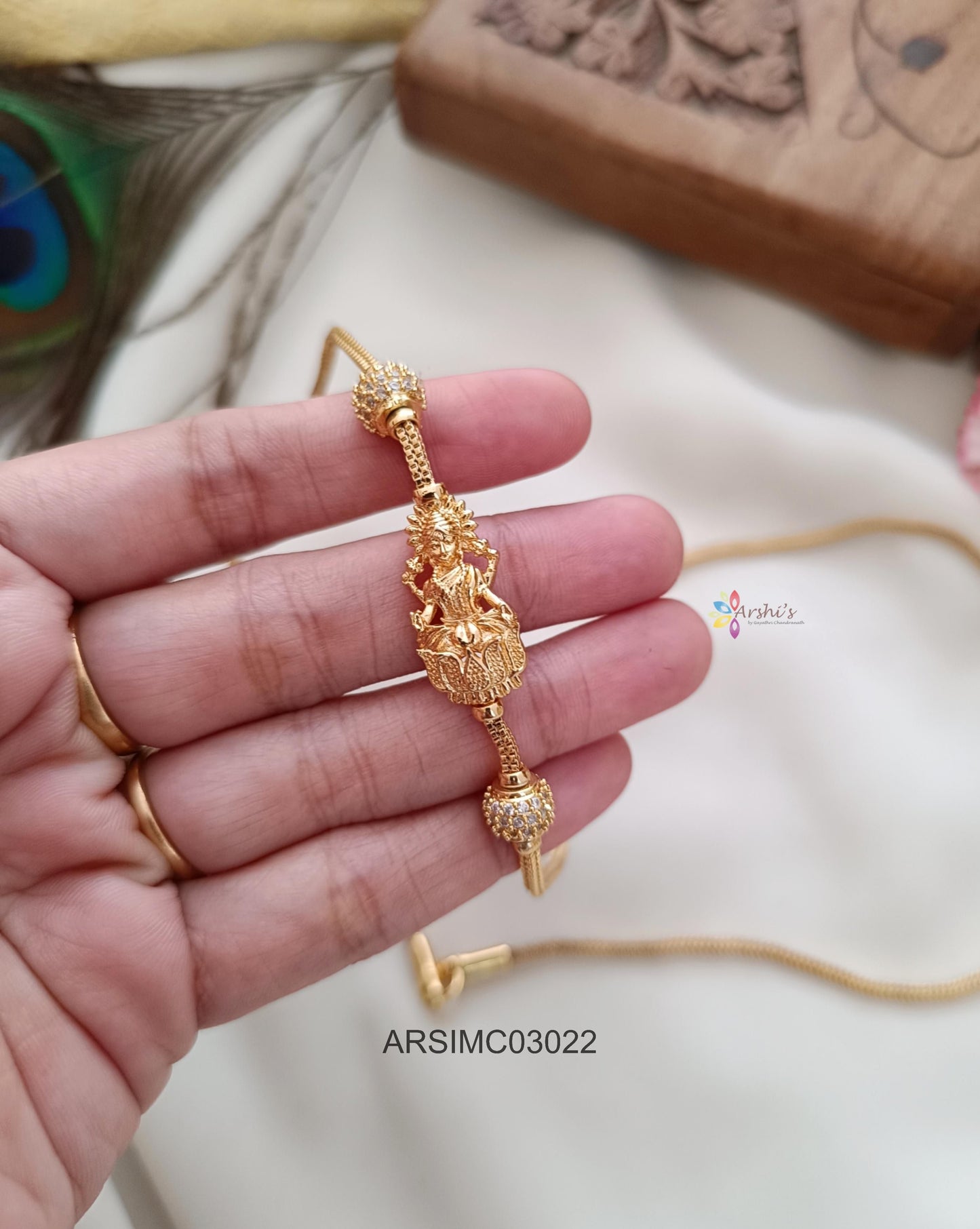 Lakshmi with Side Gold Ball White Stone Mugappu Chain