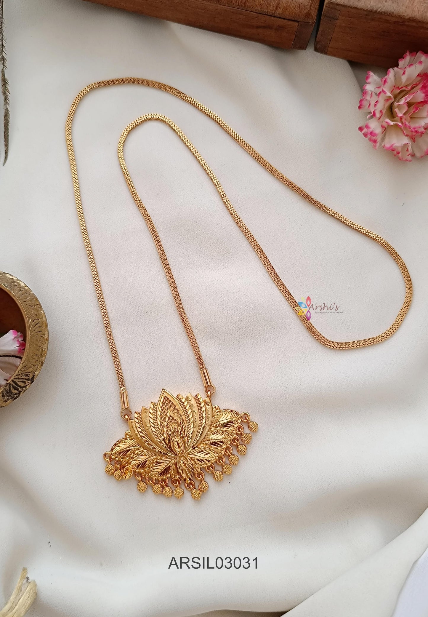 Lotus Pendant Gold Bead Long Necklace