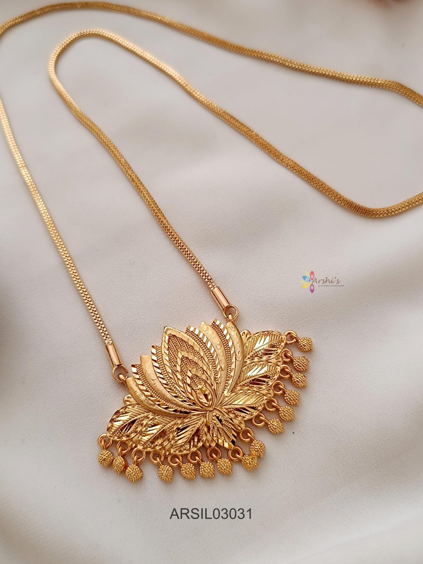 Lotus Pendant Gold Bead Long Necklace