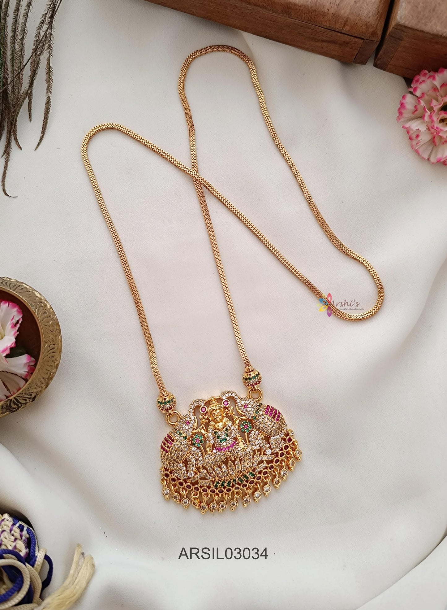 Dual Elephant Lakshmi Multi Stone Long Necklace