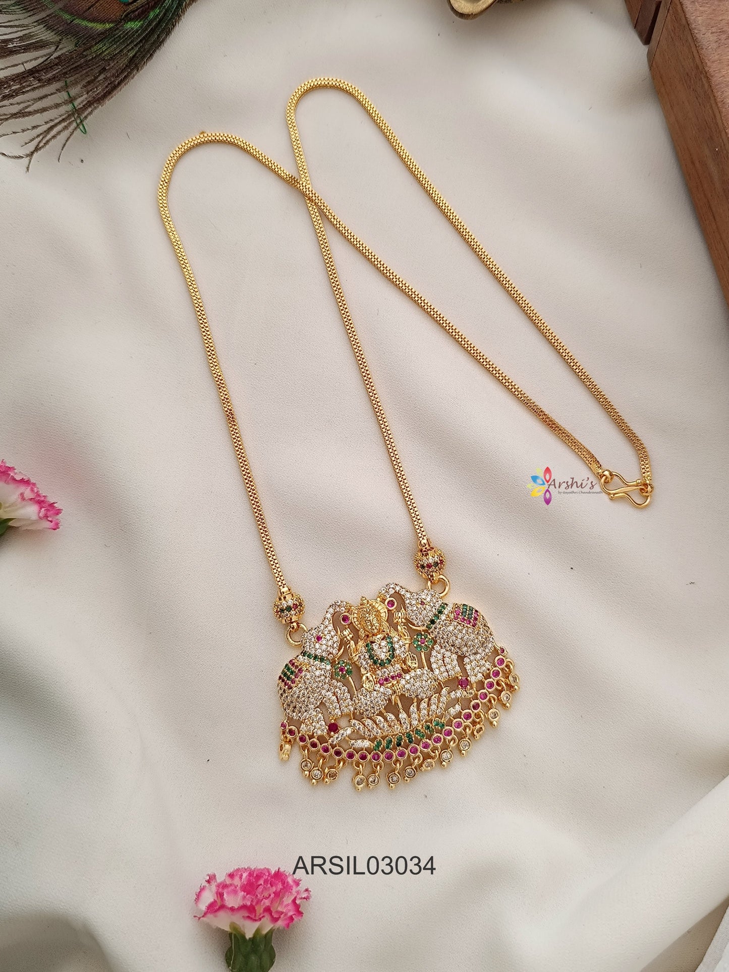 Dual Elephant Lakshmi Multi Stone Long Necklace