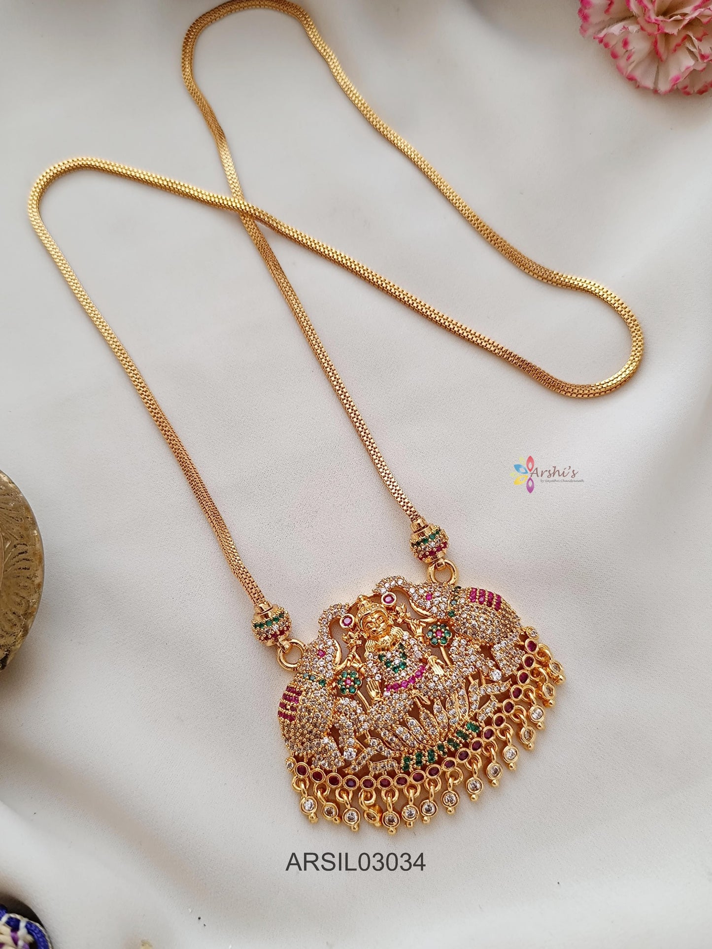 Dual Elephant Lakshmi Multi Stone Long Necklace