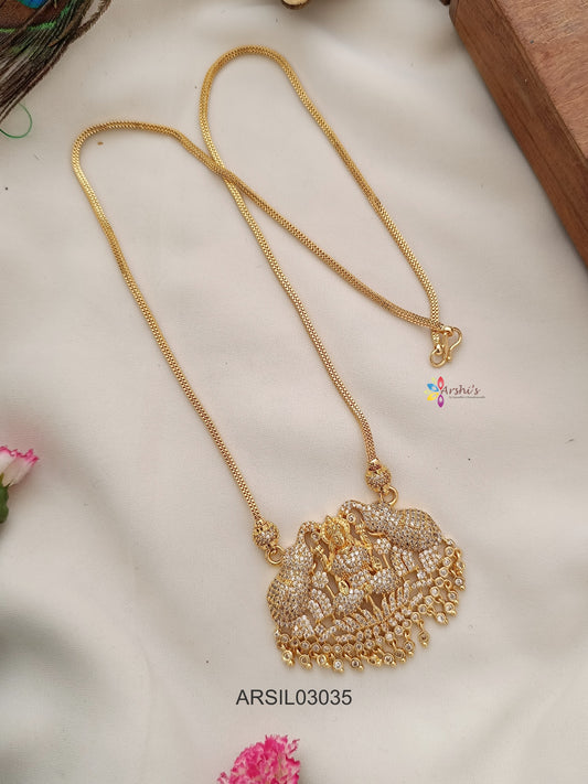 Dual Elephant Lakshmi White Stone Long Necklace