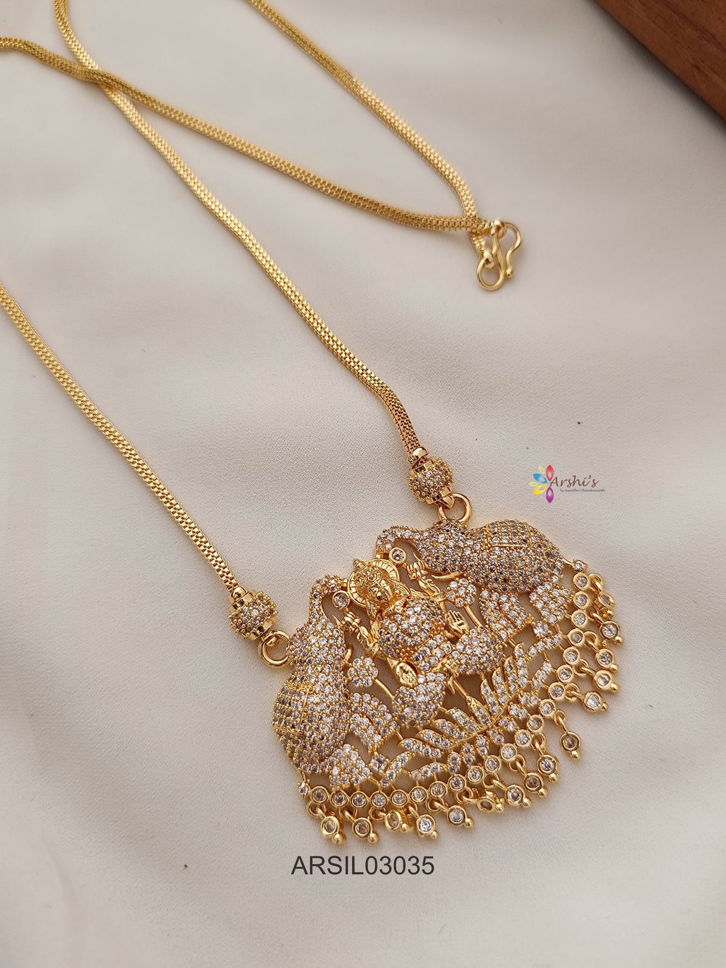 Dual Elephant Lakshmi White Stone Long Necklace