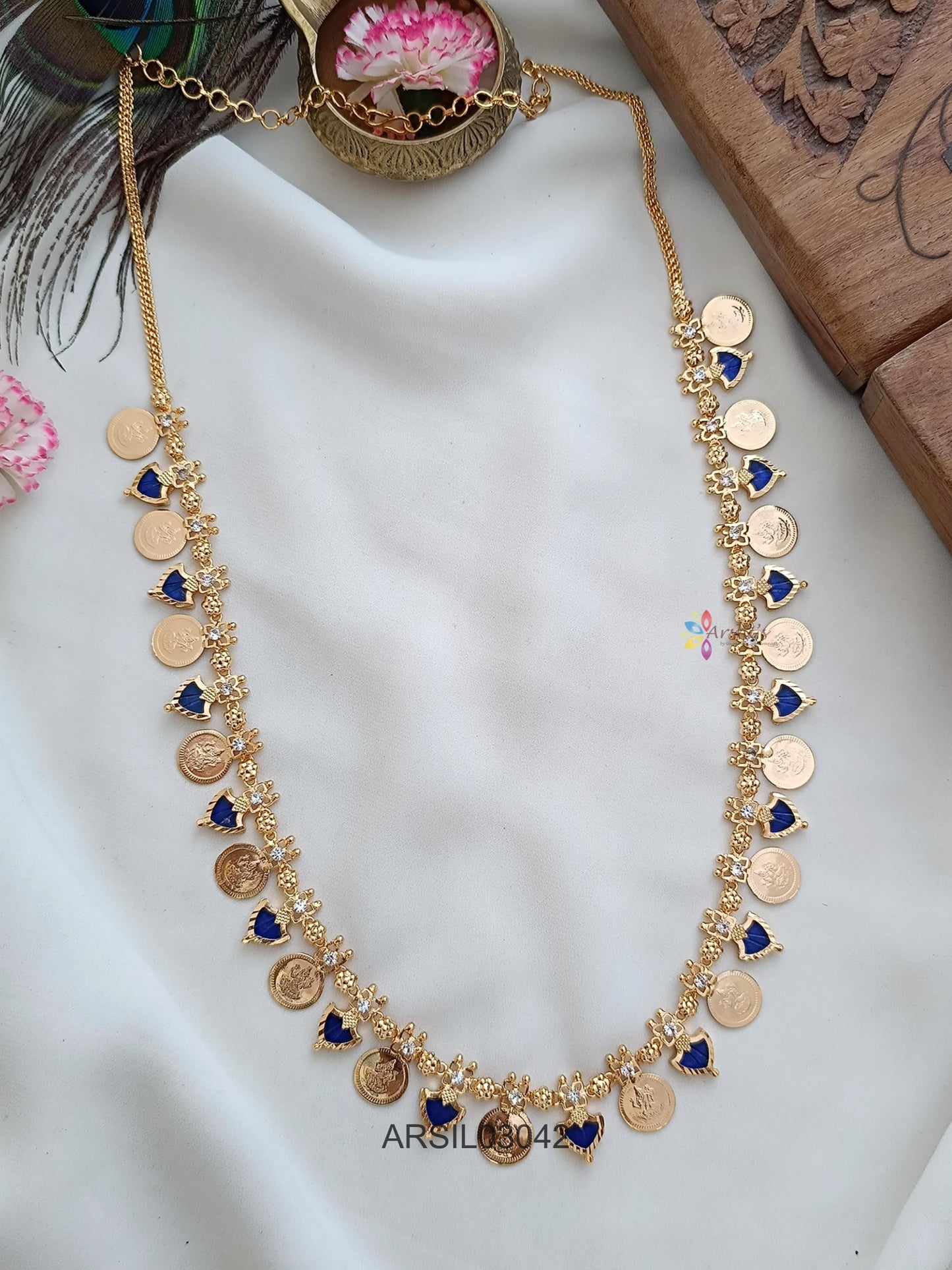 Lakshmi Coin Blue Stone Palakka Long Necklace