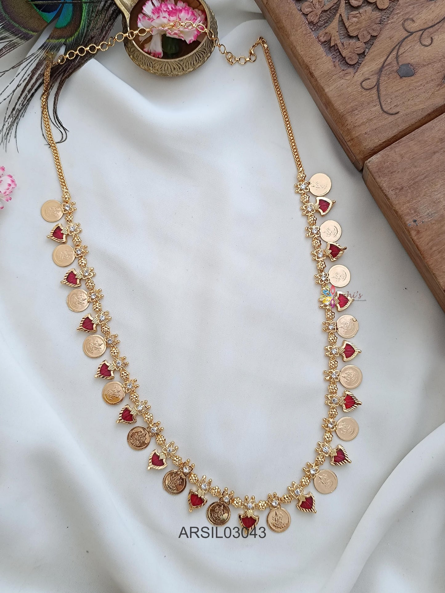 Lakshmi Coin Red Stone Palakka Long Necklace