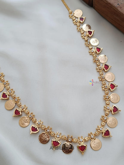 Lakshmi Coin Red Stone Palakka Long Necklace