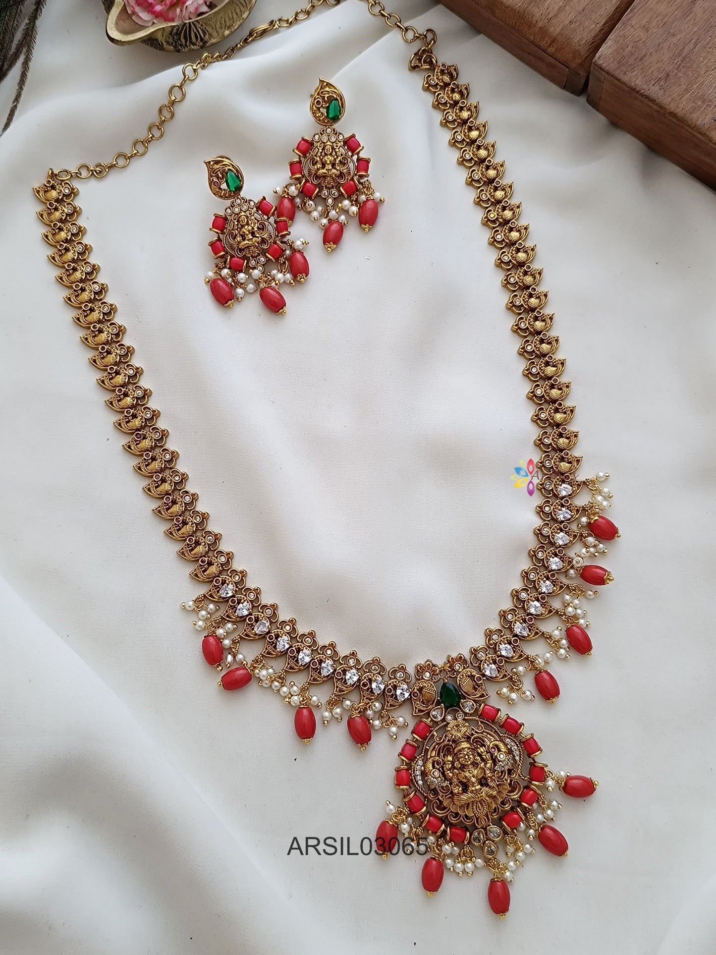 Lakshmi Pendant Coral Bead Long Necklace