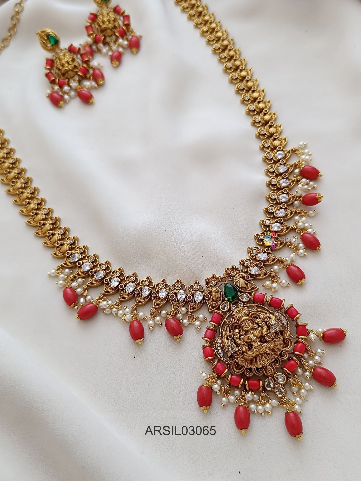 Lakshmi Pendant Coral Bead Long Necklace