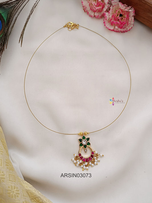 Red and Green Chandbali Pendant Invisible Necklace