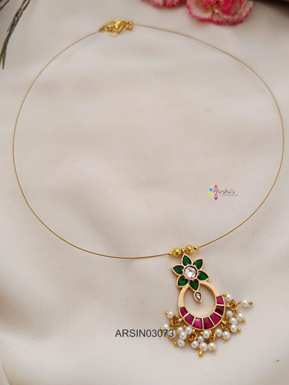 Red and Green Chandbali Pendant Invisible Necklace