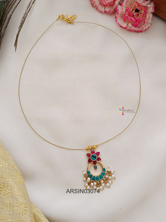 Red and Green Chandbali Pendant Invisible Necklace