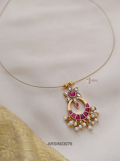 Red and White Chandbali Pendant Invisible Necklace