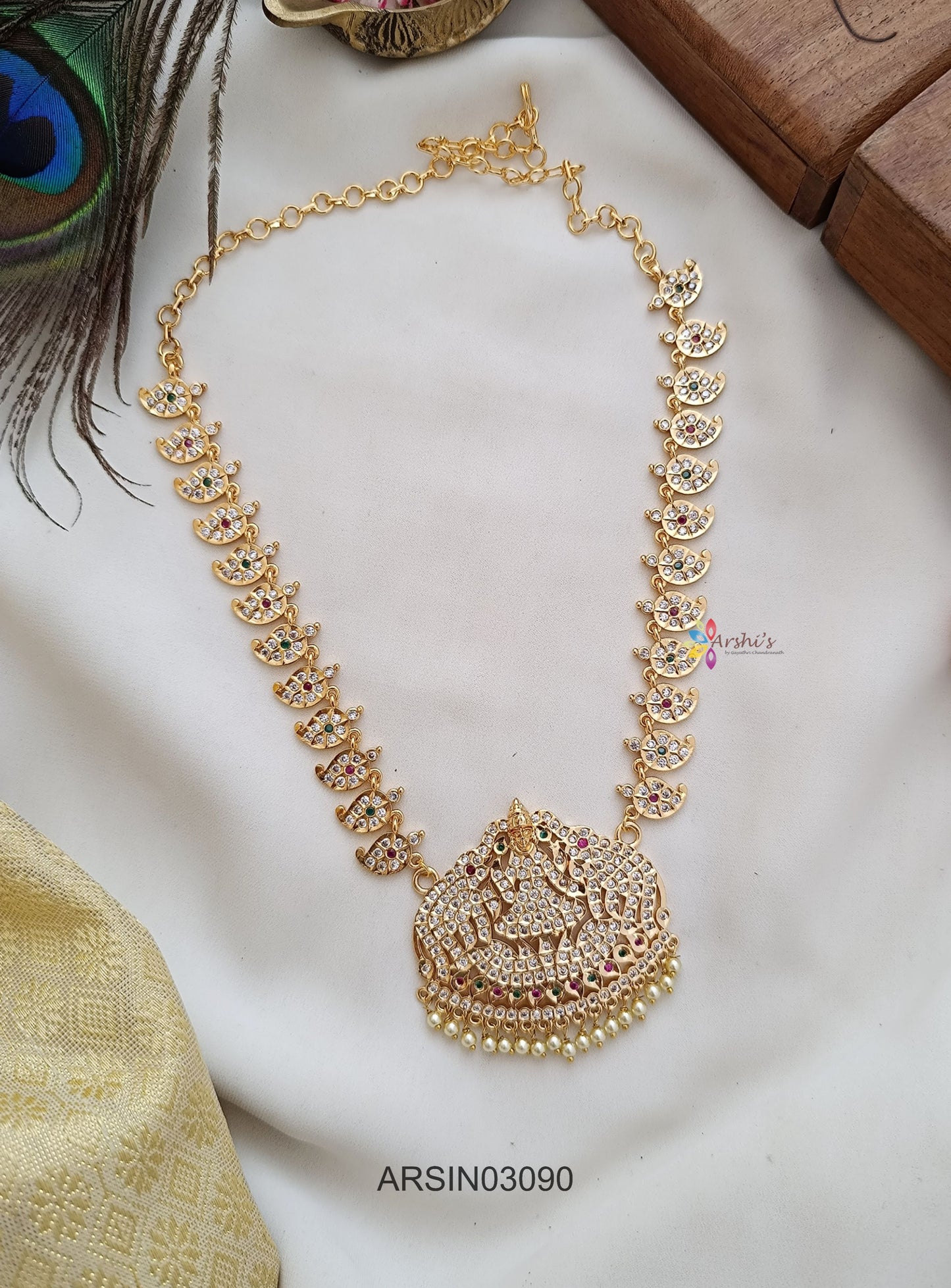 Mango and Lakshmi Pendant White Stone Long Necklace