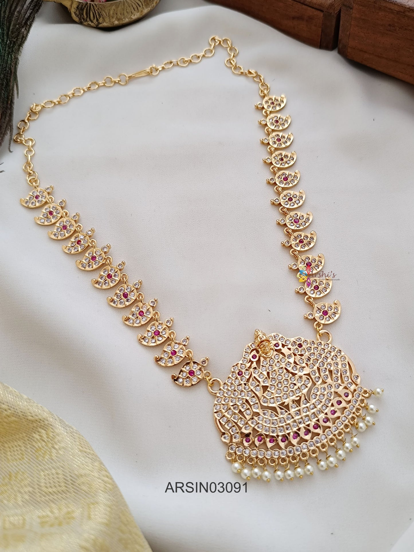 White Stone Mango and Lakshmi Pendant Long Necklace