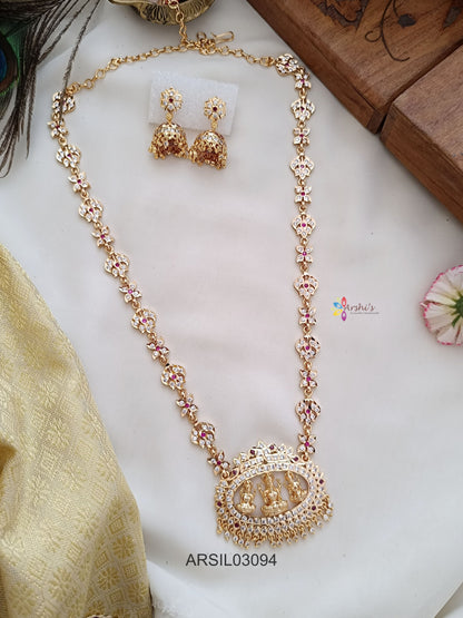 Three Lakshmi Pendant White Stone Long Necklace