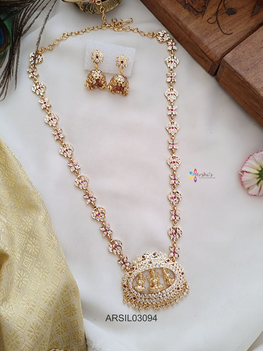 Three Lakshmi Pendant White Stone Long Necklace