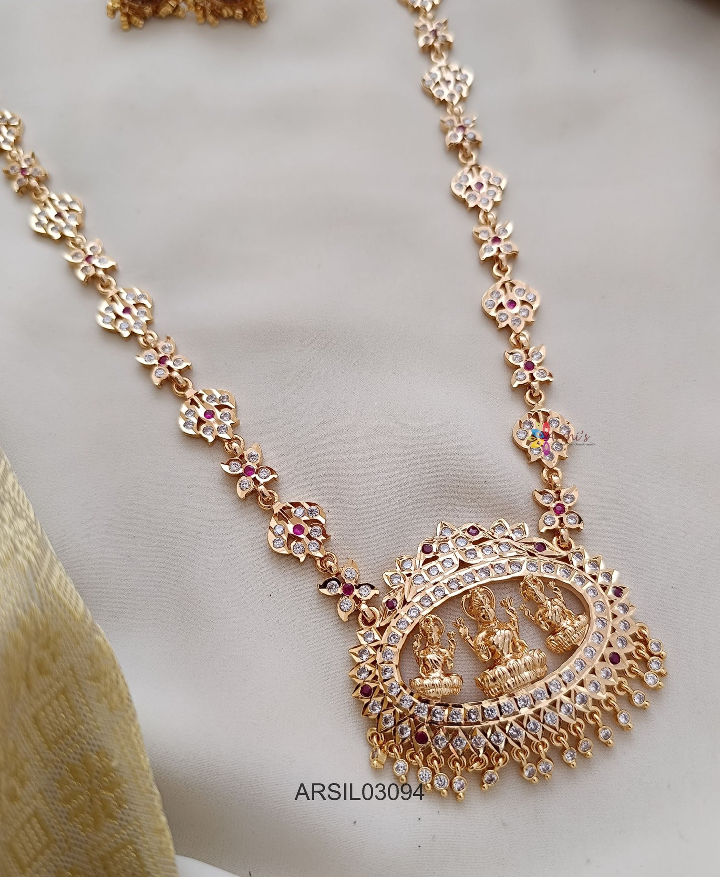 Three Lakshmi Pendant White Stone Long Necklace