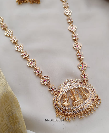 Three Lakshmi Pendant White Stone Long Necklace