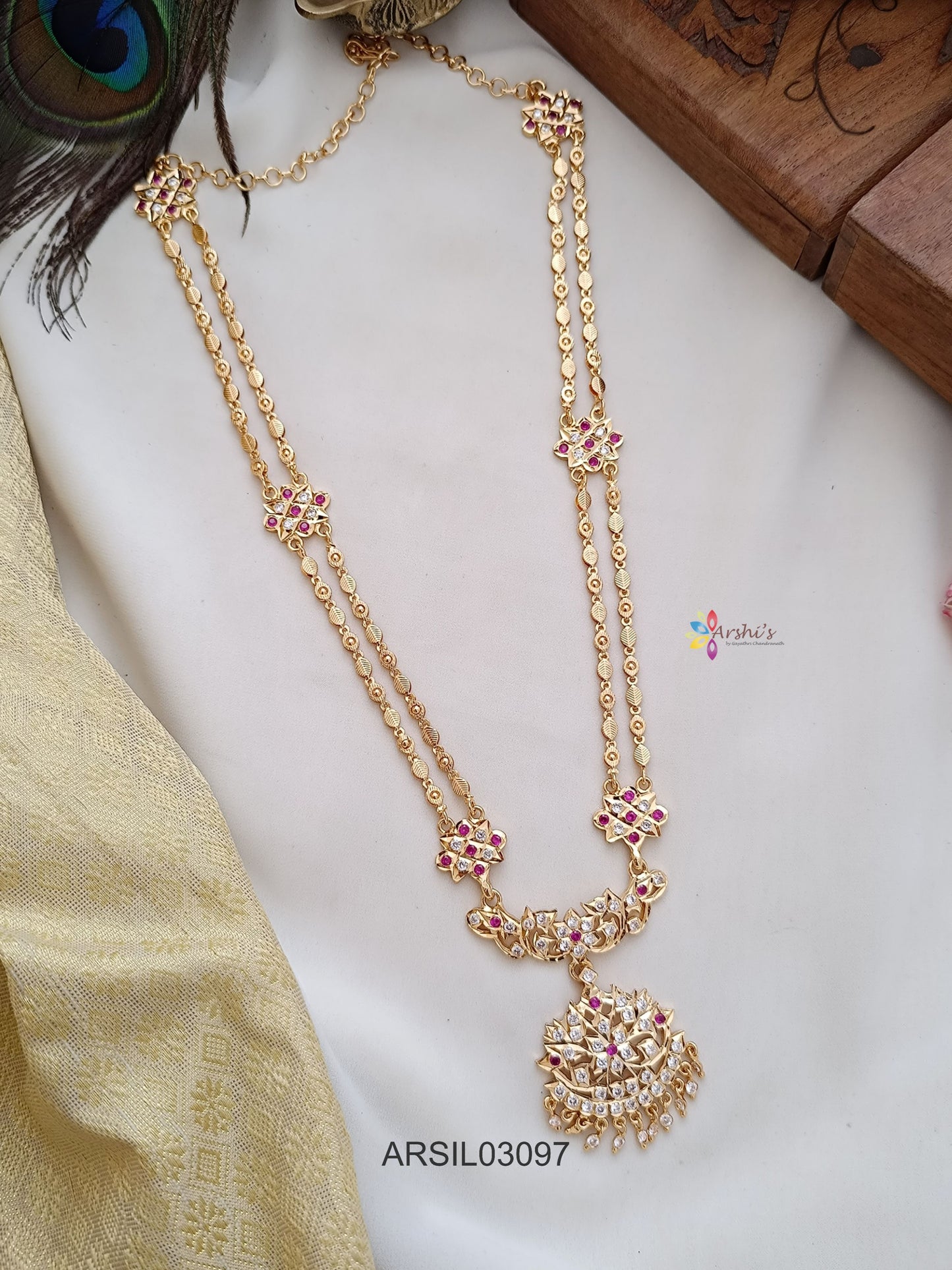 Two Layer White and Red Stone Long Necklace