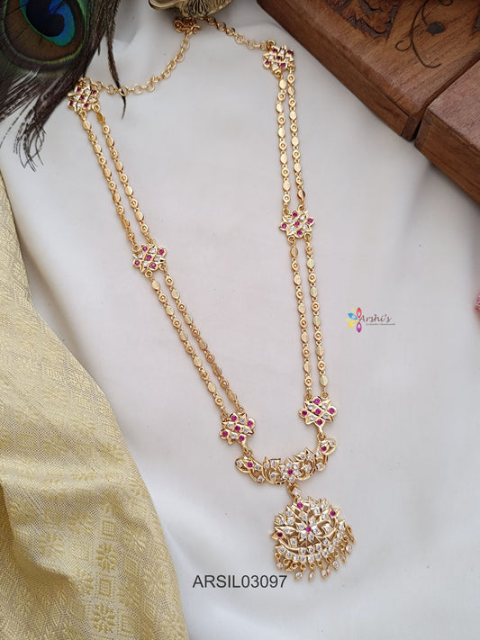 Two Layer White and Red Stone Long Necklace