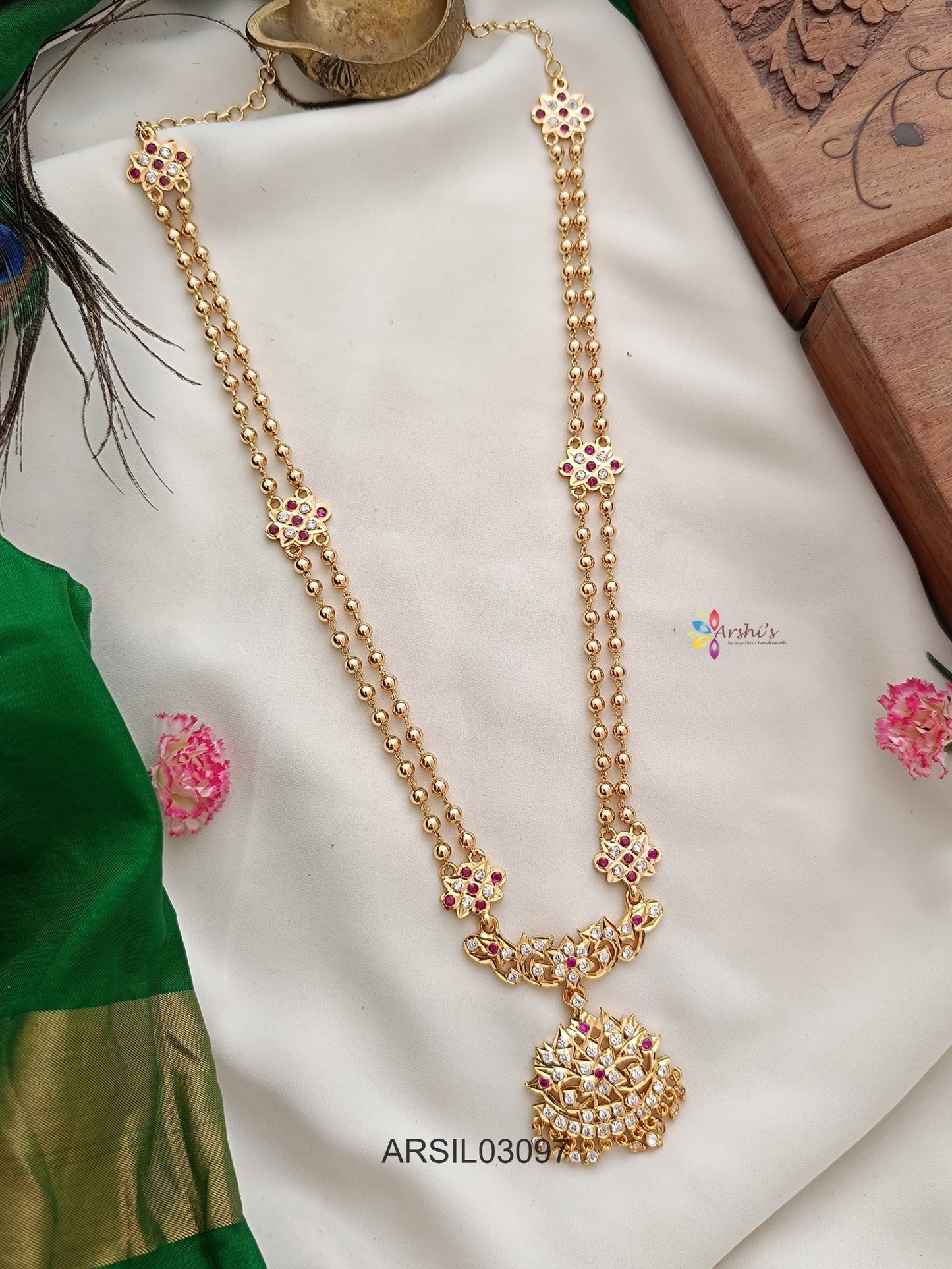 Two Layer White and Red Stone Long Necklace