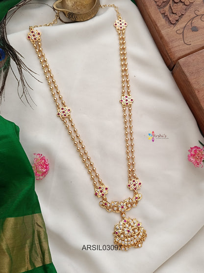 Two Layer White and Red Stone Long Necklace