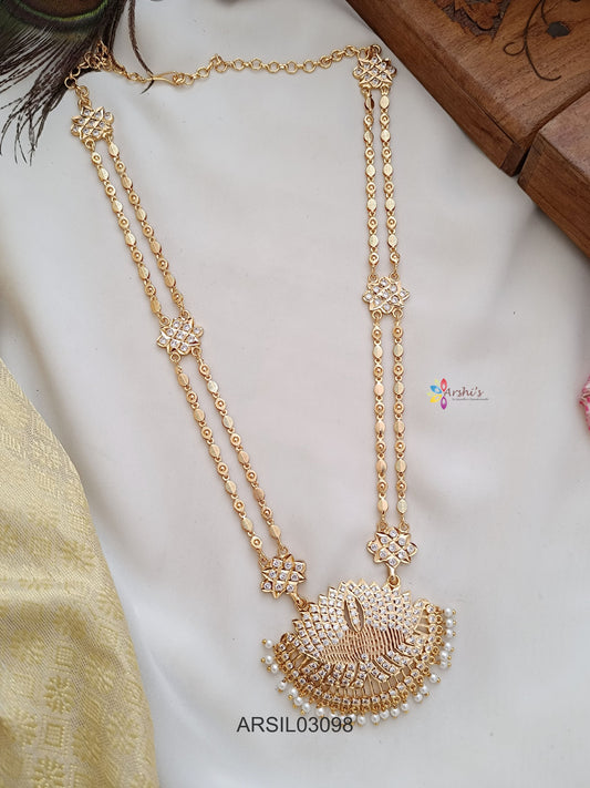 Two Layer Lotus Pendant White Stone Long Necklace