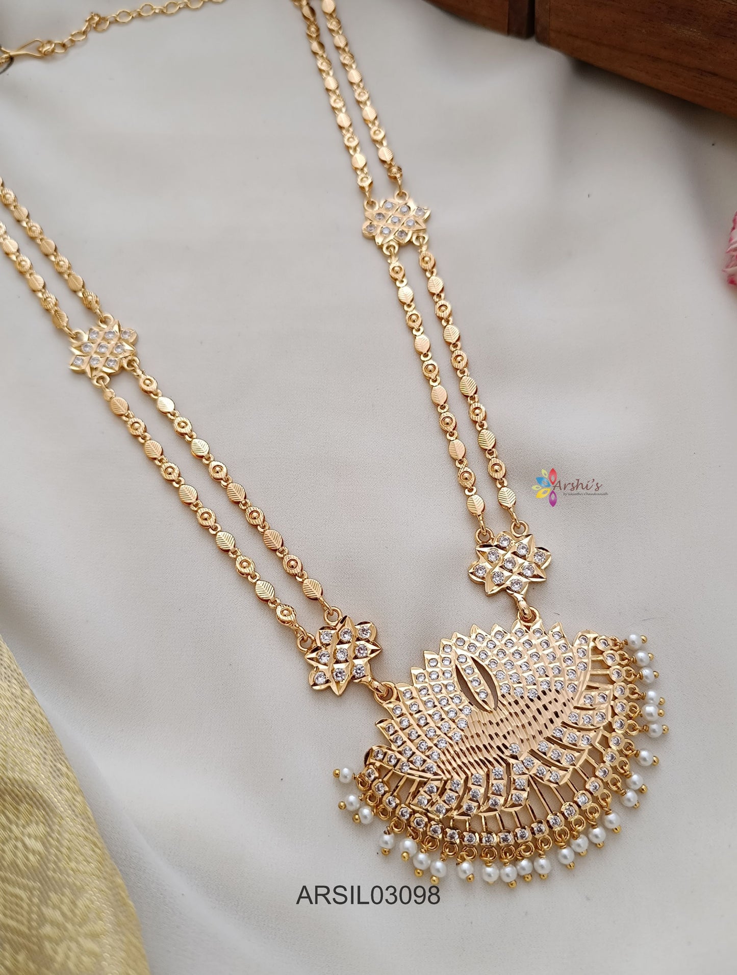 Two Layer Lotus Pendant White Stone Long Necklace