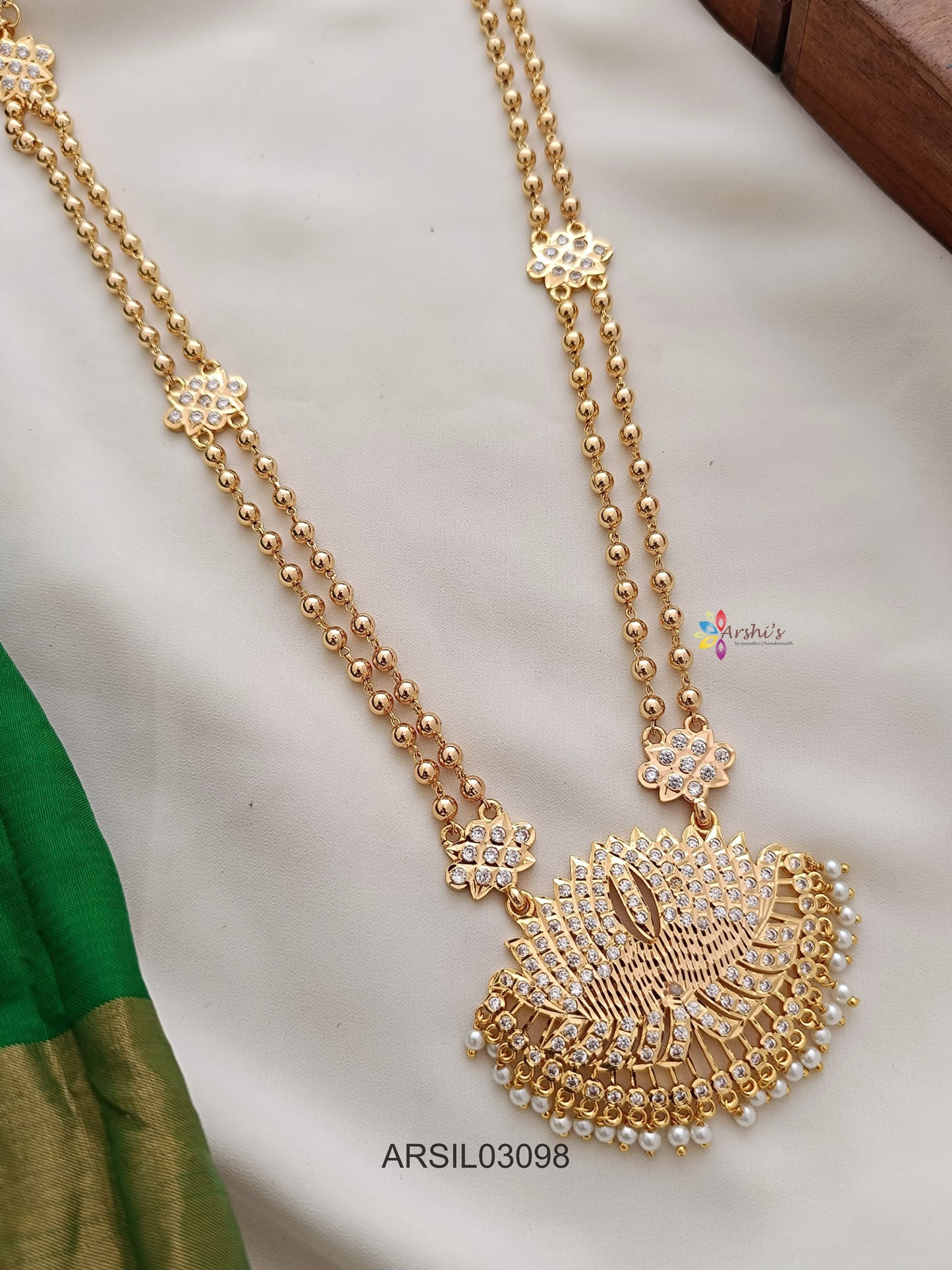 Two Layer Lotus Pendant White Stone Long Necklace