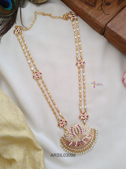 Two Layer Lotus Pendant White and Red Stone Long Necklace