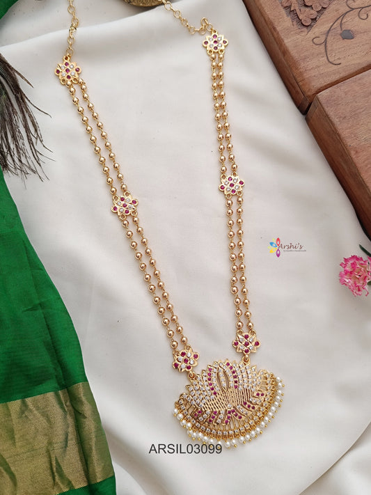 Two Layer Lotus Pendant White and Red Stone Long Necklace