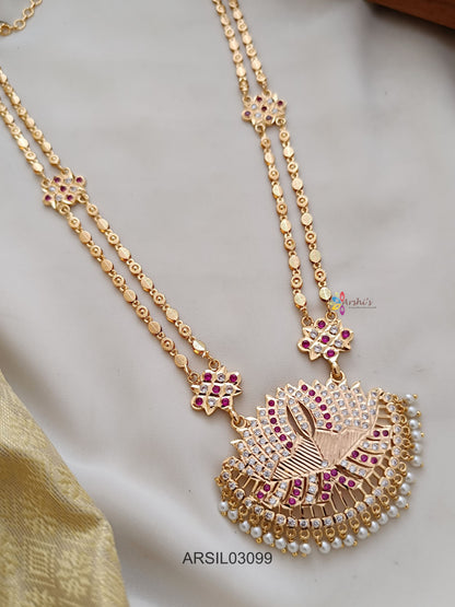 Two Layer Lotus Pendant White and Red Stone Long Necklace