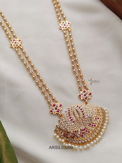 Two Layer Lotus Pendant White and Red Stone Long Necklace