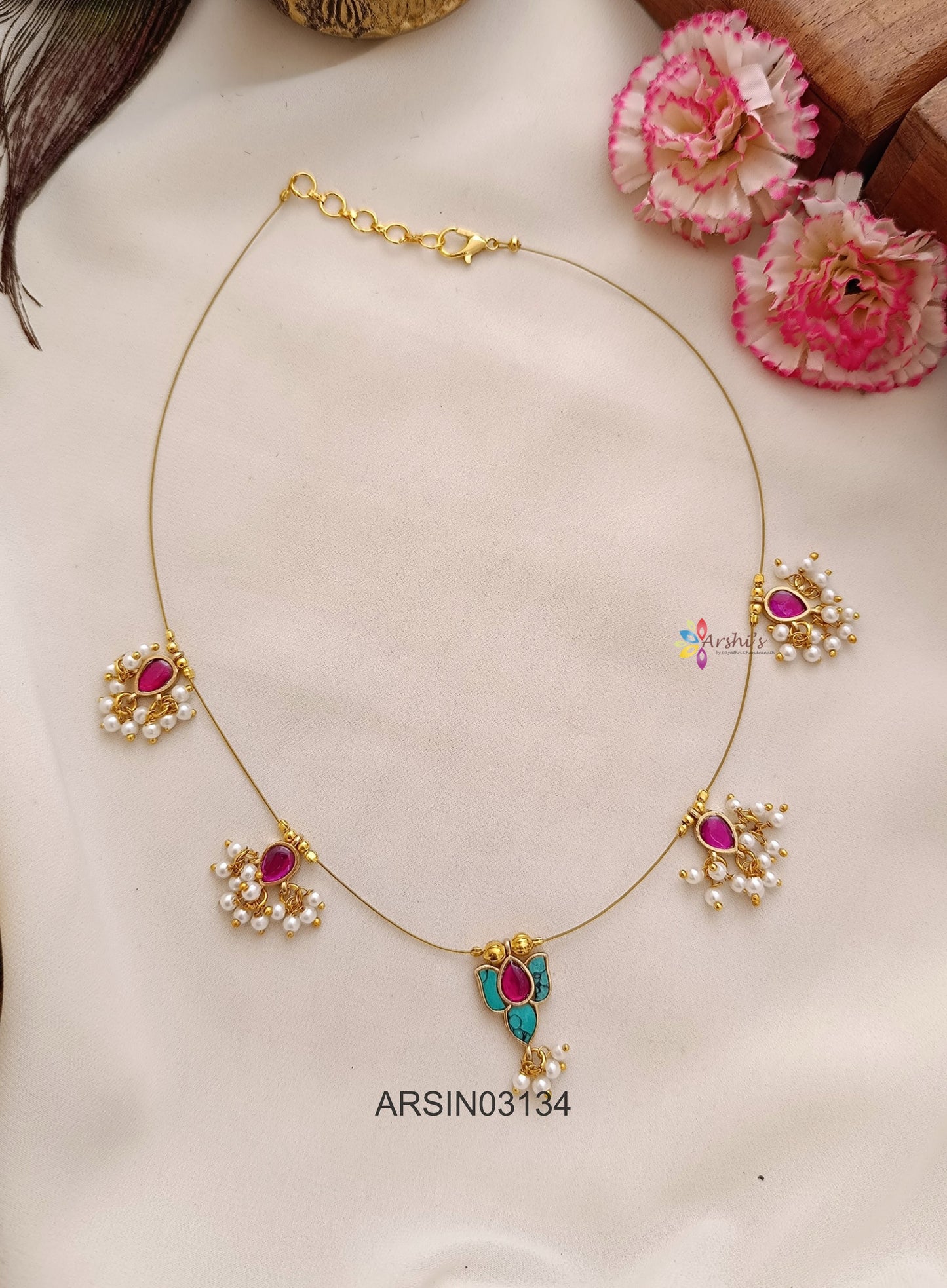 Lotus Pink and Blue Stone Invisible Necklace