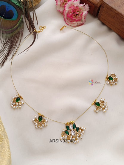 Lotus Green Stone and Pearls Invisible Necklace