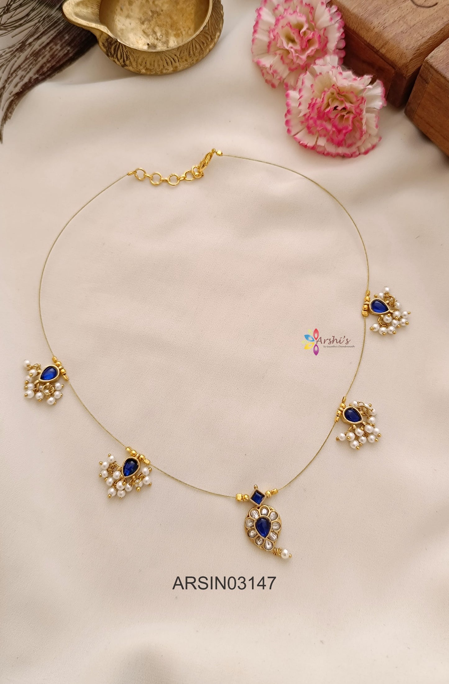 Mango Blue Stone and Pearls Invisible Necklace
