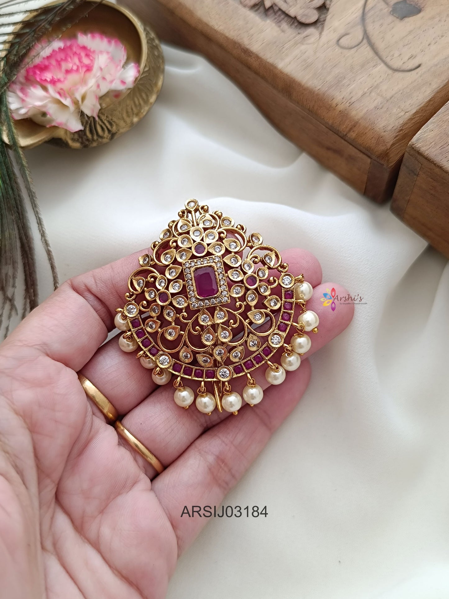 Ruby and White Stone Hair Brooch