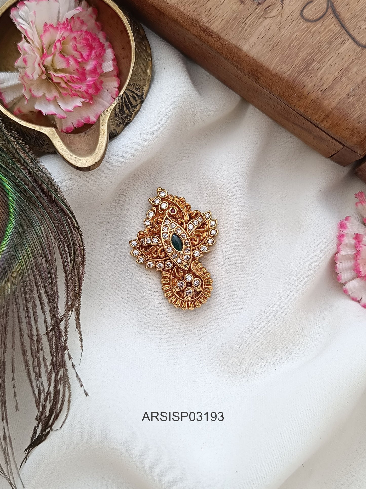 Peacock White and Green Stone Saree Pin