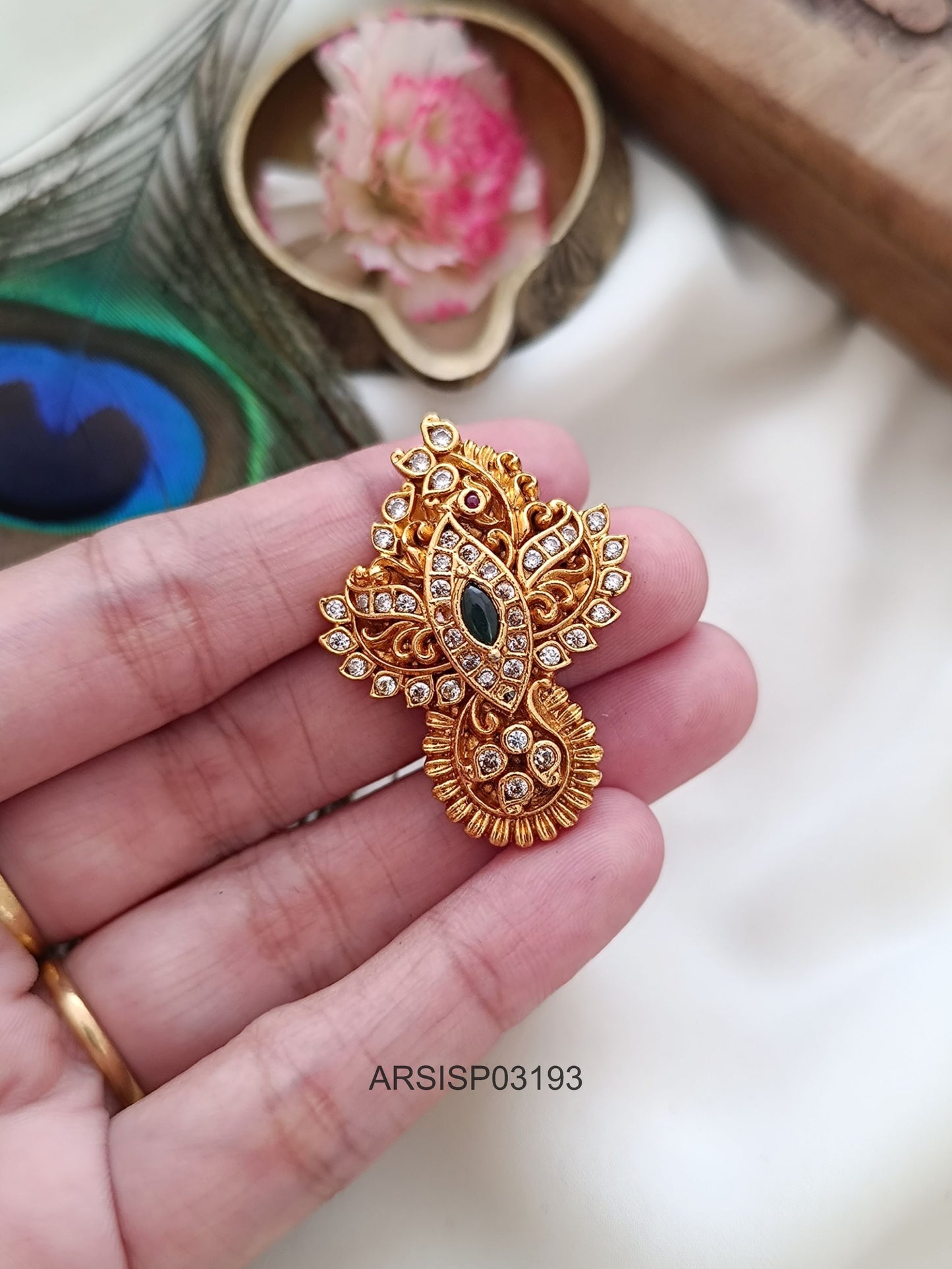 Peacock White and Green Stone Saree Pin