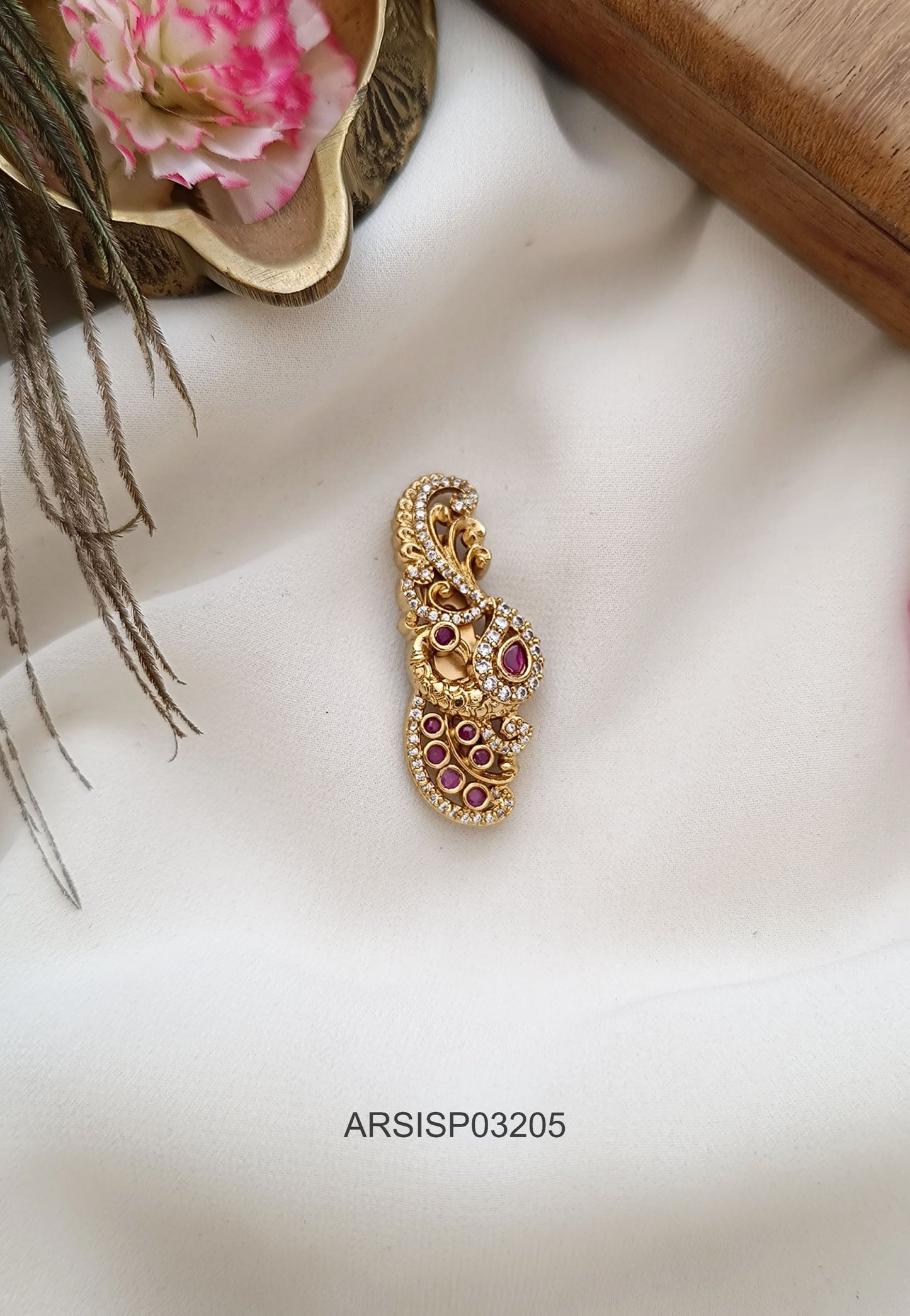 Peacock Red and White Stone Saree Pin