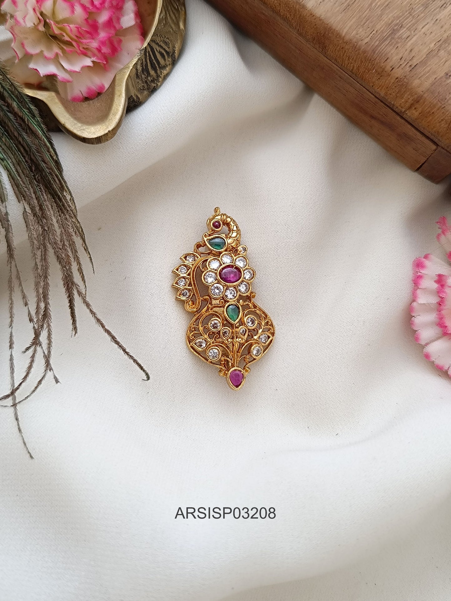 Peacock Flower Stone Saree Pin