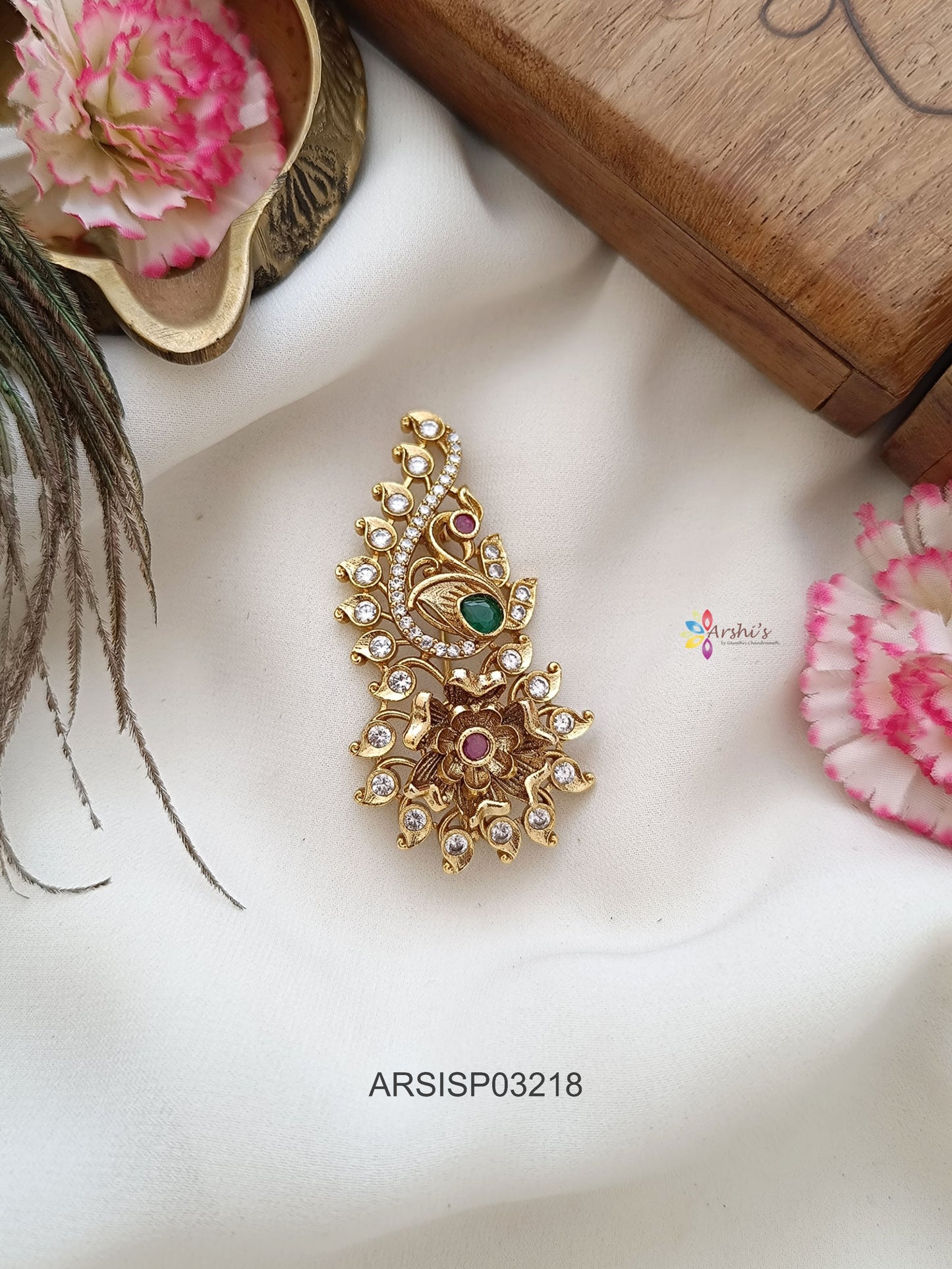 Peacock and Flower Stone Saree Pin