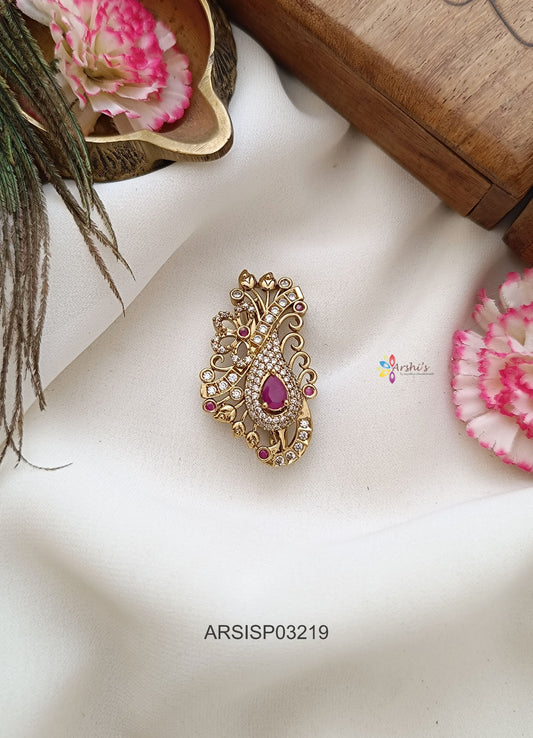 Peacock Red and White Stone Saree Pin