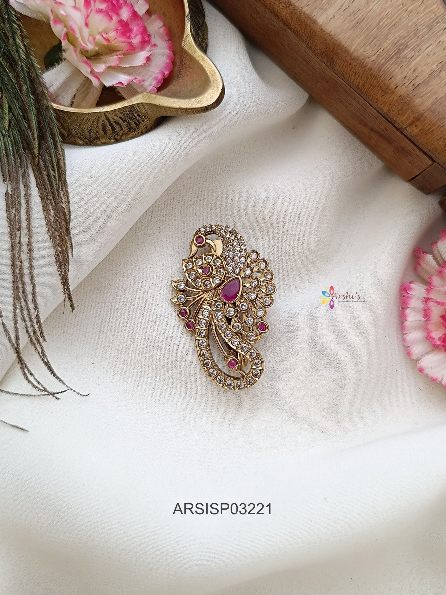 Peacock White and Red Stone Saree Pin