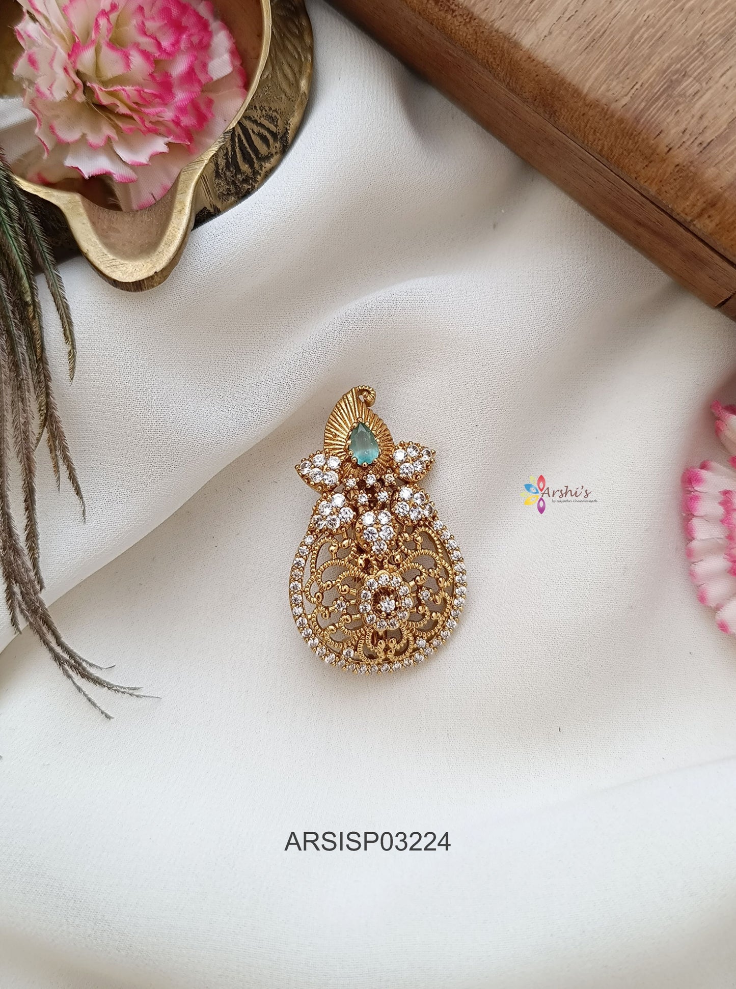 Mango White and Green Stone Saree Pin