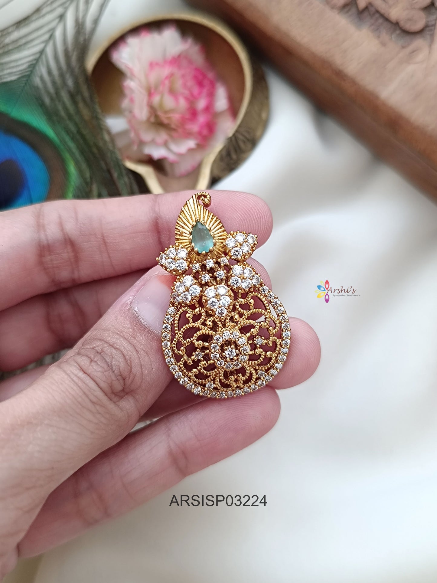 Mango White and Green Stone Saree Pin