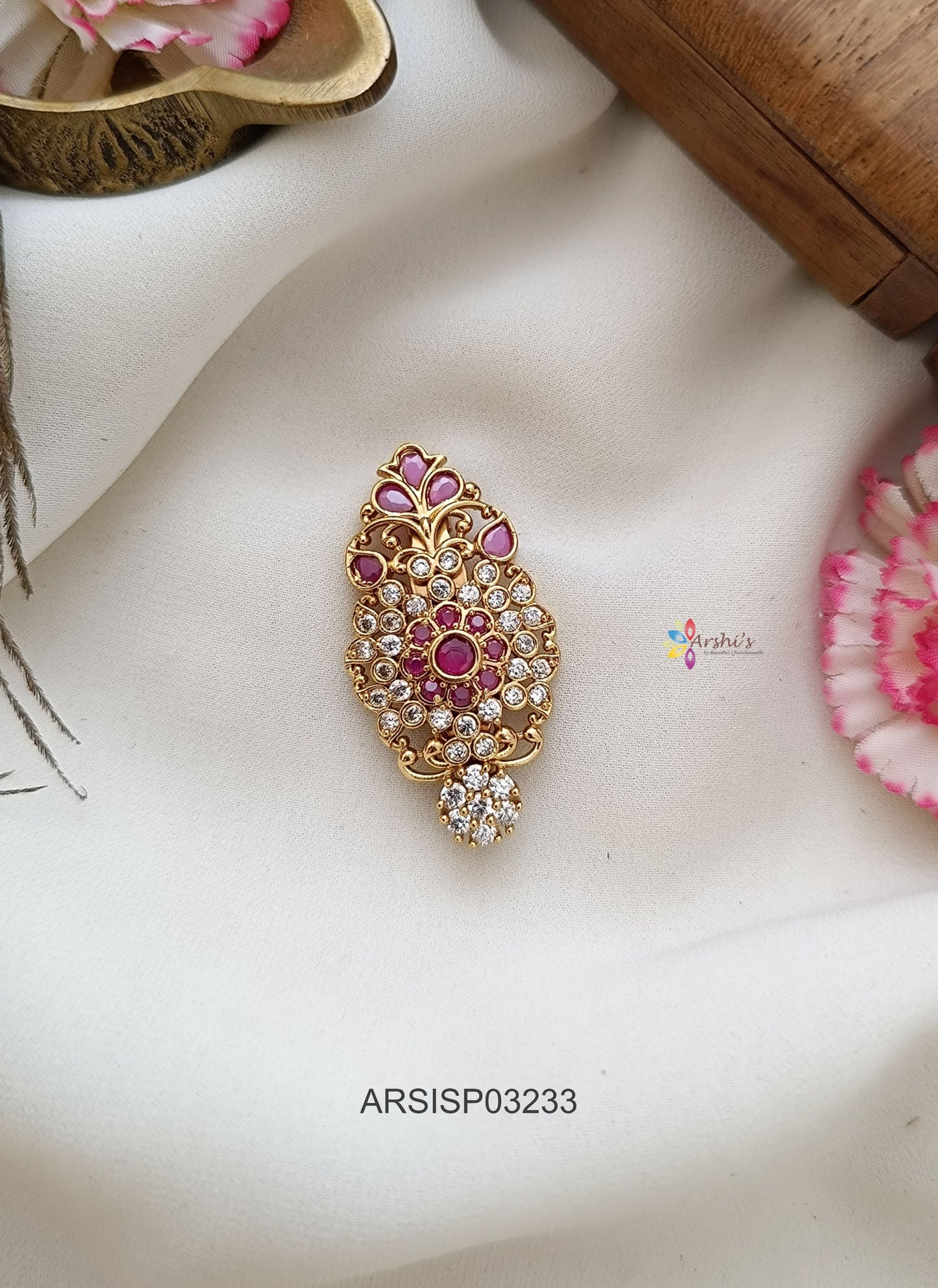 White and Red Stone Saree Pin