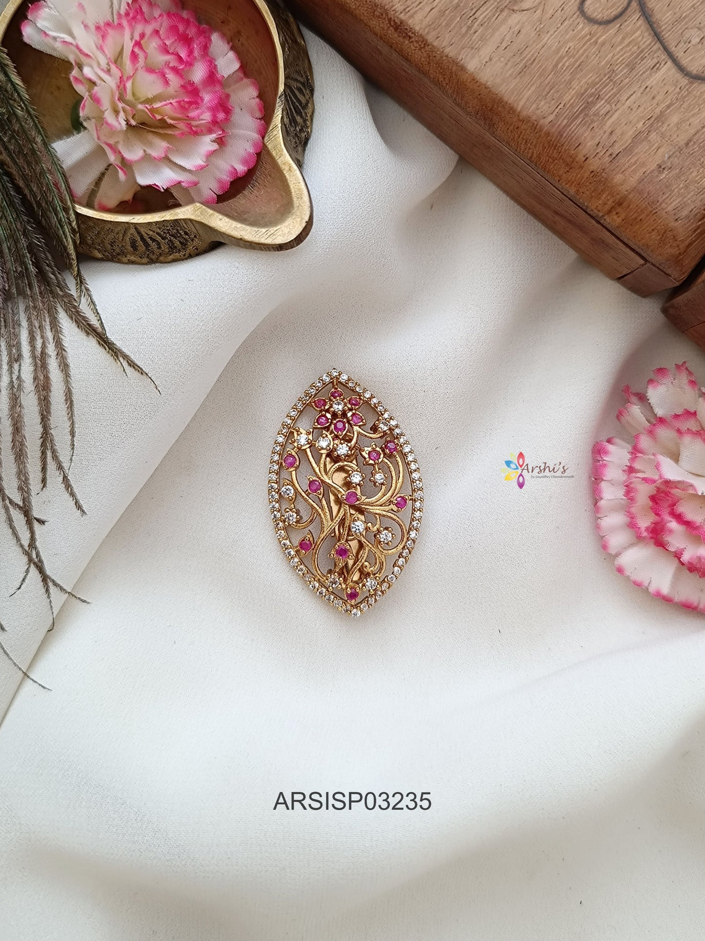 White and Red Stone Saree Pin