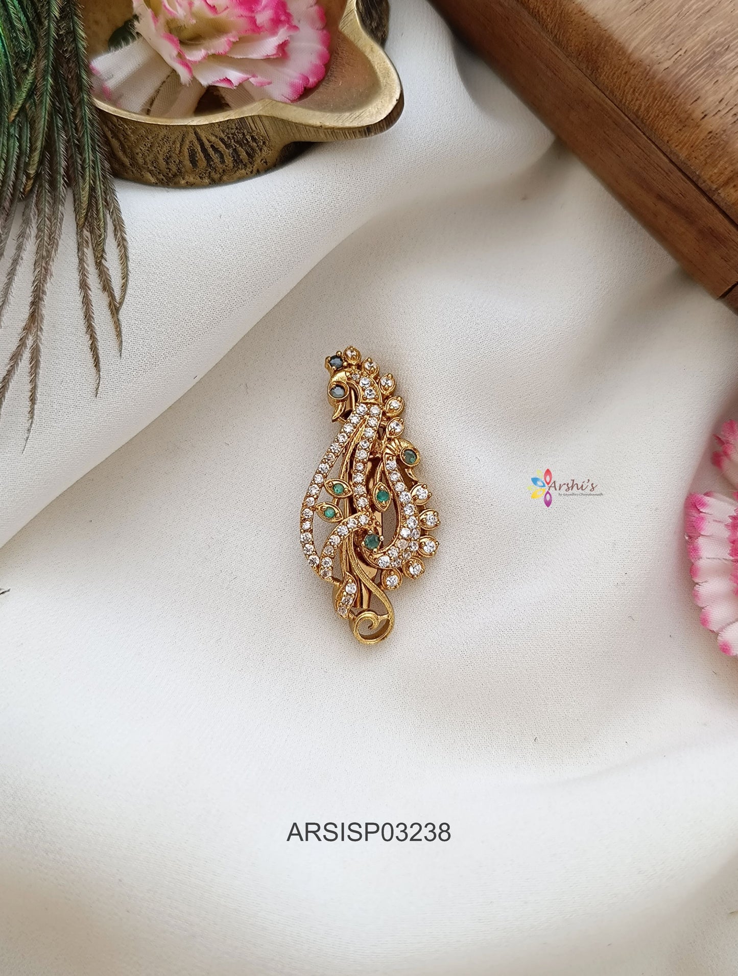 Peacock White and Green Stone Design Saree Pin